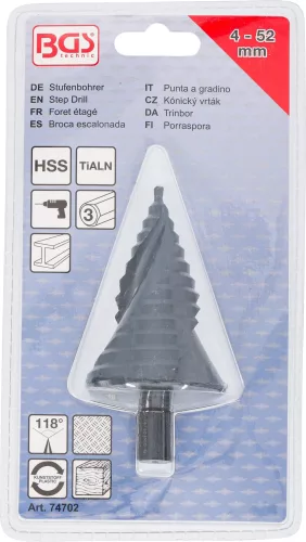 BGS technic Lépcsős fúró HSS acélból, TiAlN bevonattal, 4–52 mm (BGS 74702)