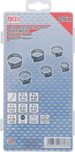 BGS technic Tömlőbilincs készlet, rozsdamentes, Ø 16-38 mm, 26 darabos (BGS 8055-1)