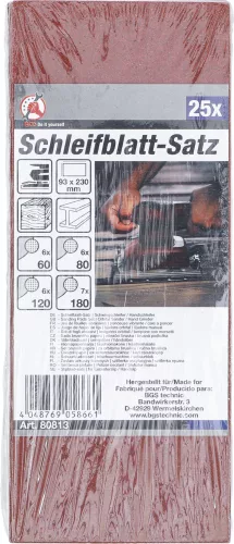BGS DIY Csiszolópapír | excentercsiszolókhoz / kézi csiszológép | 93 x 230 mm | K 60 - 180 | 25 darabos (BGS 80813)