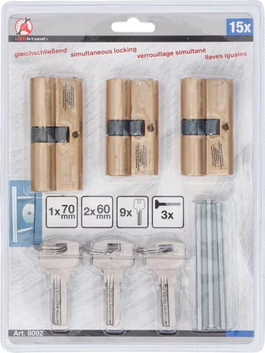 BGS Zárbetét készlet azonos kulccsal nyitható zárakkal, sárgaréz, 2 × 60 és 1 × 70 mm, 15 részes (BGS 8092)