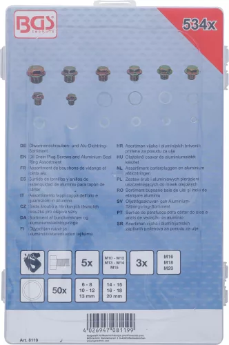 BGS technic Olajleersztő csavar és aluminium O gyűrű készlet 534 r (BGS 8119)