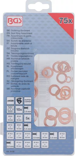 BGS technic 75 db-os réz tömítőgyűrű készlet, metrikus olaj leeresztő csavarhoz (BGS 8132)