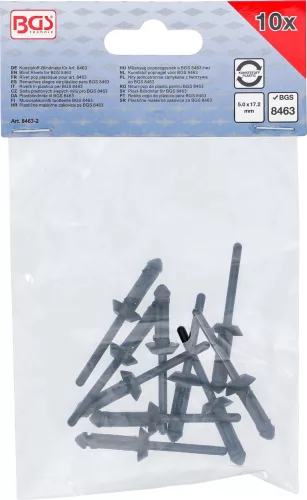 BGS technic 10 darab műanyag szegecs, 5.0 x 17.2 mm, a BGS 8463 műanyag szegecselő készlethez (BGS 8463-2)
