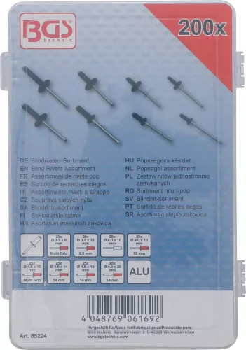 BGS technic Popszegecs készlet fekete alumínium vakszegecsekkel, 3,2–4,8 mm, 200 részes (BGS 85224)