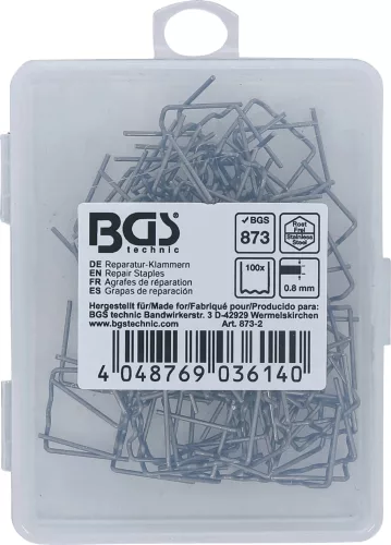 BGS technic U-alakú műanyagelem tűzőkapocs, 0.8mm, 100 darab, BGS 873 műanyag javító készlethez (BGS 873-2)
