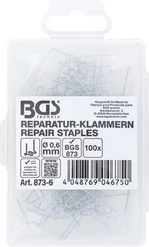 BGS technic Műanyagelem tűzőkapocs készlet | W alakú | Ø 0,6 mm | 100 darabos | a BGS 873 Műanyag javító szetthez (BGS 873-6)