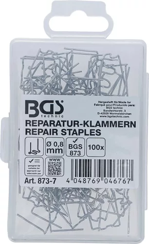BGS technic Műanyagelem tűzőkapocs készlet | W alakú | Ø 0,8 mm | 100 darabos | a BGS 873 Műanyag javító szetthez (BGS 873-7)