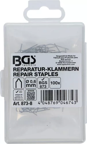 BGS technic Műanyagelem tűzőkapocs készlet | V alakú | Ø 0,6 mm | 100 darabos | a BGS 873 Műanyag javító szetthez (BGS 873-8)