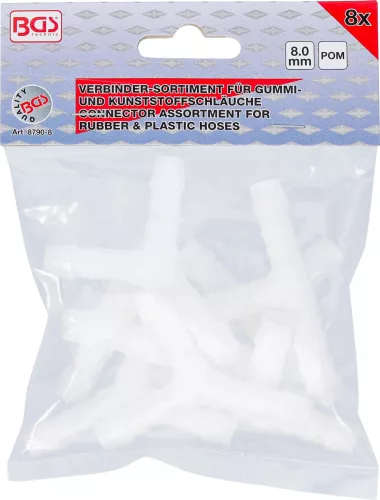 BGS technic 8 darabos csatlakozó készlet, 8mm belső átmérőjű gumi és műanyag csövekhez (BGS 8790-8)