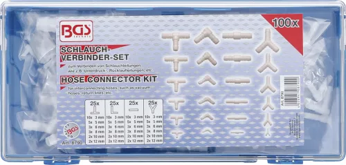 BGS technic Üzemanyagálló tömlőcsatlakozó és csőelosztó készlet, egyenes, T, Y, könyök, 3–12 mm, 100 részes (BGS 8790)