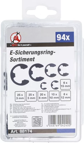 BGS DIY 94 részes rögzítő gyűrű (E-gyűrű) készlet, 3-15 mm (BGS 88174)
