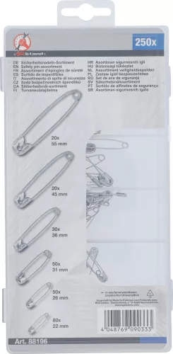 BGS DIY Biztosító angol tű / biztostű készlet 22–55 mm, 6 méret, 250 részes (BGS 88196)