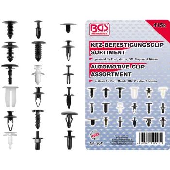   BGS technic 415 részes műanyag rögzítő patent készlet Ford, Mazda, GM, Chrylser és Nissan típusokhoz (BGS 9041)