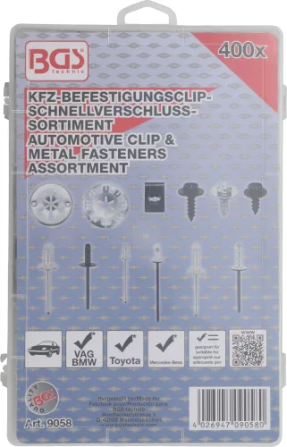 BGS Technic Patentkészlet Audi, VW, Toyota, Mercedes-Benz, BMW modellekhez | 400 darabos (BGS 9058)