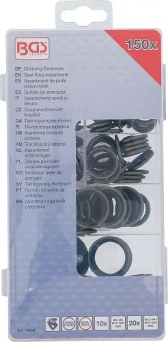 BGS technic 150 részes gumibetétes fém tömítőgyűrű készlet, olajleeresztő csavarokhoz (BGS 9306)