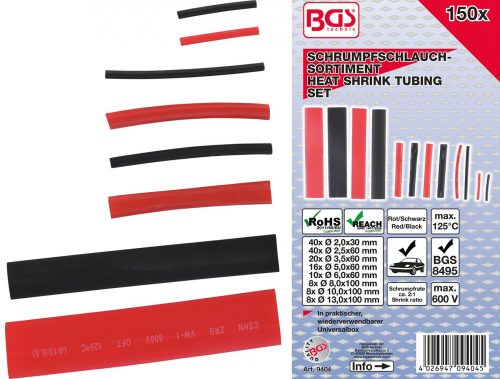 BGS technic 150 részes zsugorcső készlet, piros és fekete, Ø 2-13 mm (BGS 9404)