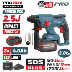   BORMANN Pro BBP5301X44CA AKKUS SZÉNKEFEMENTES FÚRÓ-KALAPÁCS 20 V, Li-ion, 2 x 4 Ah SDS-PLUS, 2,5 J, BMC (BBP5301X44CA)