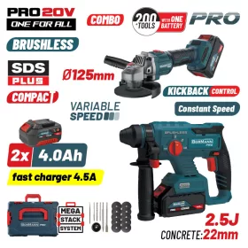   BORMANN Pro Akkus fúrókalapács és sarokcsiszoló készlet 20 V, szénkefementes, 2×4 Ah akkuval (BBP5303X44Τ2CA)