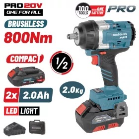   BORMANN Pro BBP5386X22C AKKUS SZÉNKEFEMENTES ÜTVECSAVAROZÓ 1/2",  20 V, Li-ion, 2 x 2,0 Ah, 800 Nm és TOK (BBP5386X22C)