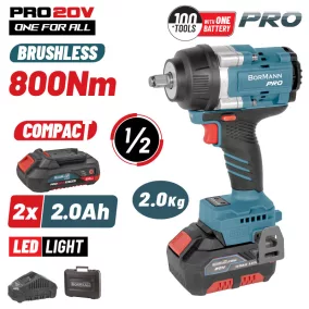   BORMANN Pro BBP5386X22C AKKUS SZÉNKEFEMENTES ÜTVECSAVAROZÓ 1/2",  20 V, Li-ion, 2 x 2,0 Ah, 800 Nm és TOK (BBP5386X22C)
