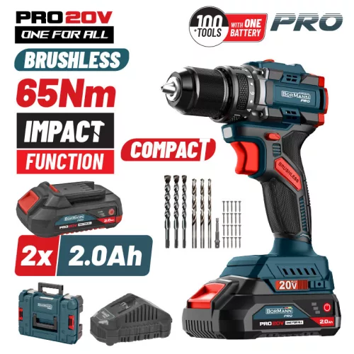 BORMANN PRO Akkus ütvefúró csavarozó gép, Kompakt, szénkefe nélküli 20V, 2X2ah Li-Ion, 65Nm (BBP5401X22CA)