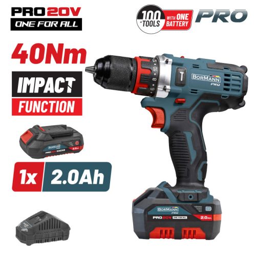 BORMANN Pro BBP5446X2 AKKUS ÜTVEFÚRÓ 20V, Li-ion, 40Nm, 0-350/0-1350 fordulat/perc, 2.0Ah, készlet (BBP5446X2)