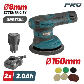   BORMANN Pro EXCENTERES AKKUMULÁTOROS POLIROZÓ ÉS CSISZOLÓ 12V ,150mm , 2x2Ah , + TARTOZÉKOK (BCP3800)