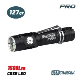   BORMANN Pro Zseblámpa 1500 lm, 2200 mAh Li-ion akkumulátorral, USB-töltéssel, övcsipesszel, IP54 (BPR6035)