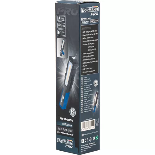 BORMANN Pro Munkalámpa COB LED-del, 800 lm, 6000 mAh akkumulátorral, 180°-ban forgatható mágneses talppal (BPR6055)