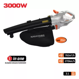   NAKAYAMA Elektromos lombfúvó és lombszívó aprítóval, 3000 W, 792 m³/h, 270 km/h, 35 liter (EB3500)