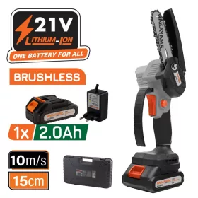   NAKAYAMA Akkus mini láncfűrész 21V, szénkefe nélküli, Láncvezető: 10 cm, 825 gr, lánc 1/4"1,1 mm ,  11m/s, 1x 2Ah li-ionakku + töltő  bmc (EC1040)