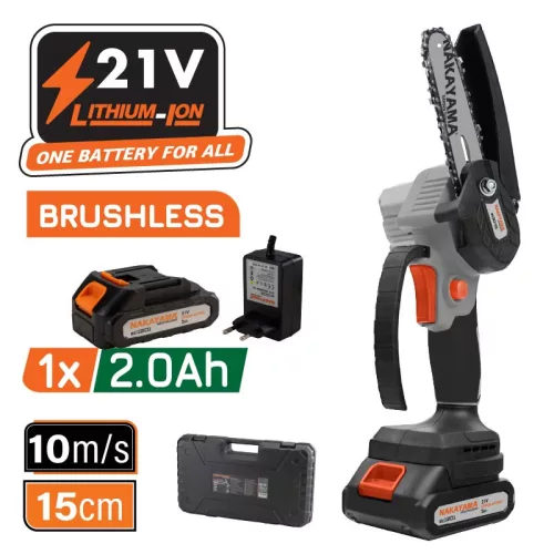 NAKAYAMA Akkus mini láncfűrész 21V, szénkefe nélküli, Láncvezető: 10 cm, 825 gr, lánc 1/4"1,1 mm ,  11m/s, 1x 2Ah li-ionakku + töltő  bmc (EC1040)