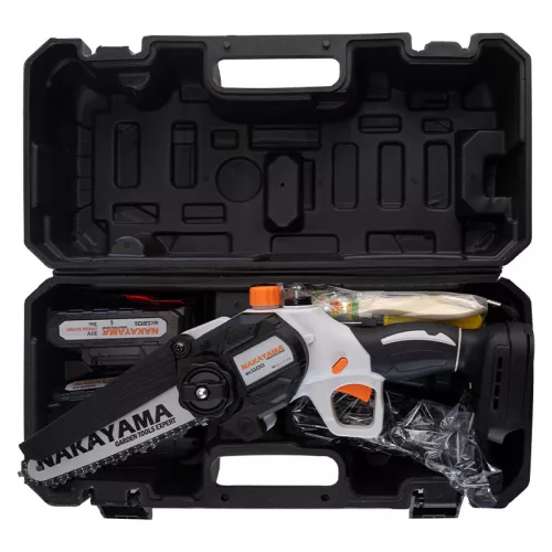 NAKAYAMA  MINI LÁNCFŰRÉSZ 21V, SZÉNKEFE NÉLKÜLI, LÁNCVEZETŐ 15 cm, 2x2Ah Li-Ion (EC1100)