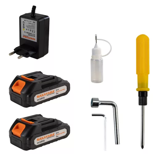 NAKAYAMA AKKUMULÁTOROS METSZŐOLLÓ KÉSZLET 21V, SZÉNKEFE NÉLKÜLI MOTOR, KAPACITÁS 0-22/28mm, 1kg, 2x2Ah Li-Ion,(EC1250)