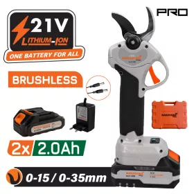   NAKAYAMA PRO Akkumulátoros szénkefementes metszőolló, 21V, 35 mm vágáskapacitás, 2 x 2 Ah akku, kofferben (EC1435)