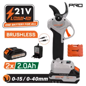   NAKAYAMA PRO Akkumulátoros szénkefementes metszőolló, 21V, 40 mm vágáskapacitás, kofferben, progresszív vágás, átmérő 0-15/0-40mm,, 2x2Ah (EC1440)