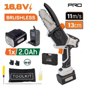   NAKAYAMA PRO Akkumulátoros mini láncfűrész készlet 16.8V, szénkefe nélküli motorral, 13 cm vezetővel, 1/4" 32 szemes lánccal, 2.0Ah Li-Ion akkuval, kofferben (EC1500)