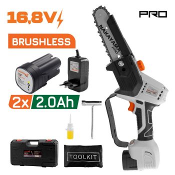   NAKAYAMA PRO AKKUMULÁTOROS MINI LÁNCFŰRÉSZ KÉSZLET ( 2 AKKU + TÖLTŐ ) 16,8V SZÉNKEFE NÉLKÜLI, 990gr  (EC1510)