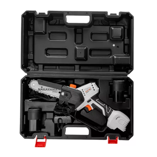 NAKAYAMA PRO Akkumulátoros mini láncfűrész, 16,8V, szénkefementes motorral (2x2,0Ah akku, 15 cm láncvezető) (EC1510)