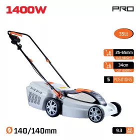   NAKAYAMA PRO Elektromos fűnyíró 1400 W, 34 cm vágásszélesség, 35 L fűgyűjtő, központi magasságállítás (EM3410)