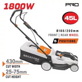   NAKAYAMA PRO Elektromos fűnyíró 1800 W, 43 cm vágásszélesség, 45 literes fűgyűjtővel (EM4021)