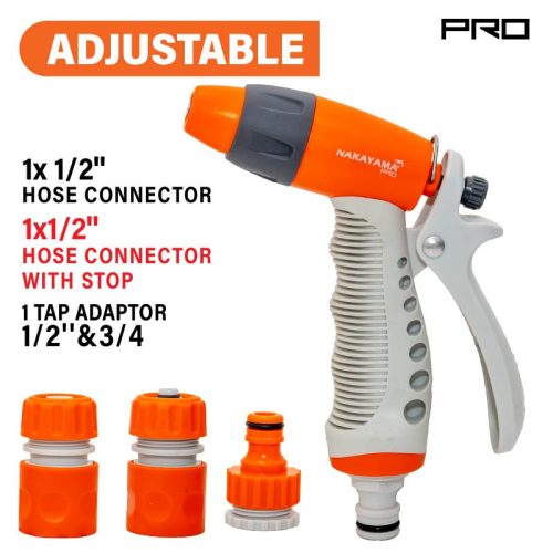 NAKAYAMA PRO ÁLLÍTHATÓ LOCSOLÓ SZÓRÓPISZTOLY KÉSZLET, 4 DB, TÖMLŐCSATLAKOZÓVAL, TÖMLŐCSATLAKOZÓ ÁLLÍTÓVAL ÉS CSAP ADAPTERREL (GH9214)