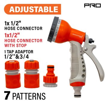   NAKAYAMA PRO ÁLLÍTHATÓ LOCSOLÓ SZÓRÓPISZTOLY KÉSZLET, 4 DB, 7 MINTA TÖMLŐCSATLAKOZÓVAL, TÖMLŐCSATLAKOZÓ ÁLLÍTÓVAL ÉS CSAP ADA (GH9216)