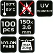 NEO Kábelkötegelő, gyorskötöző, EXTREME, UV álló, fekete, 3,6x150mm, 100db/cs (01-626)