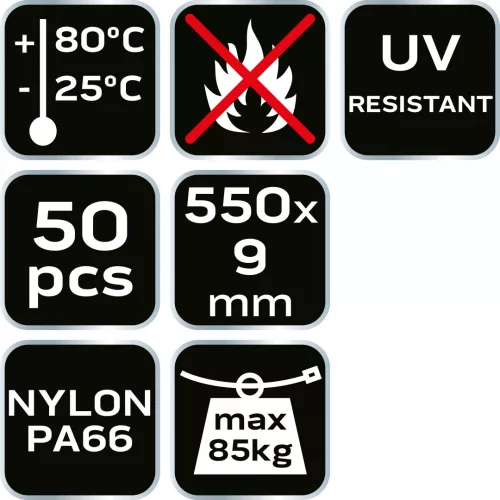 NEO Kábelkötegelő, gyorskötöző, EXTREME, UV álló, fekete, 9,0x550mm, 50db/cs (01-643)