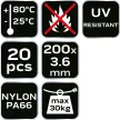 NEO Kábelkötegelő, gyorskötöző, EXTREME, UV álló, fehér, 3,6x200mm, 20db/cs (01-653)