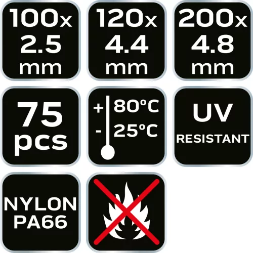 NEO Kábelkötegelő, gyorskötöző, EXTREME, UV álló, fekete, készlet , különböző méretek, 75db (01-672)