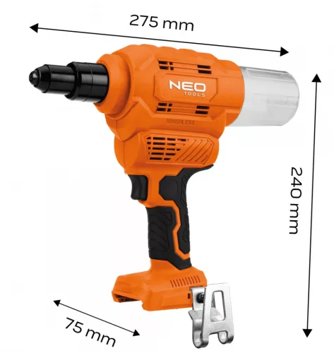NEO Akkus popszegecshúzó, Energy+, 18V, szegecsátmérő 2,4-6-4mm, húzóerő 12000 N (04-617)