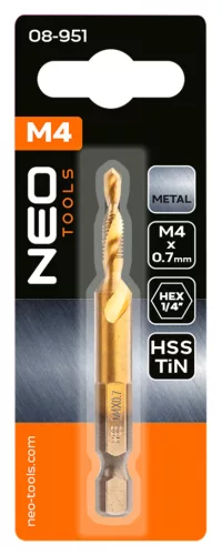 NEO Gépi menetfúró, 2az1ben előfúró éllel, HSS-Titán, M4X0,7mm, hatszög szárral (08-951)