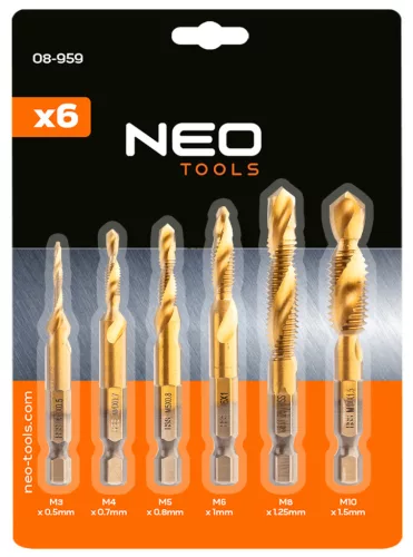 NEO Gépi menetfúró készlet, 2az1ben előfúró éllel, HSS-Titán, M3-M10, 6db, hatszög szárral (08-959)
